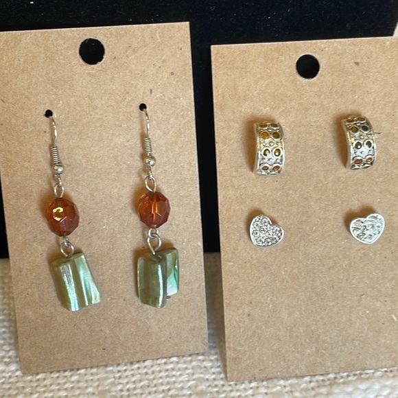 💐5/25 3 pair natural shell dangle drop heart stud half hoop colorful rhinestone - Picture 1 of 7